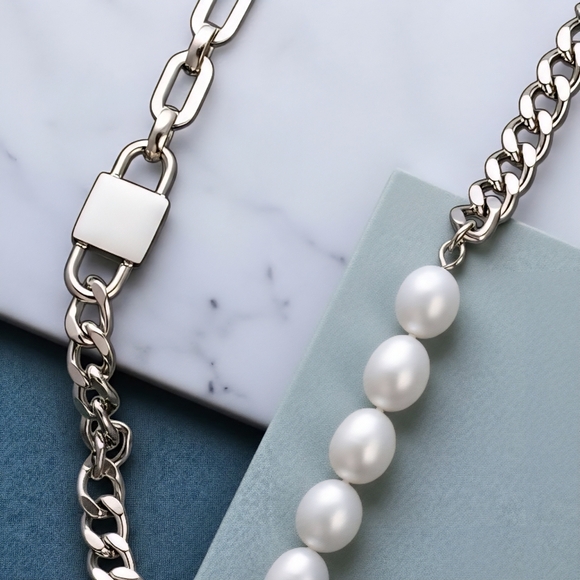 ποΈPadlock Freshwater Pearl 18K White Gold Plated Stainless Steel Necklace - Picture 11 of 15